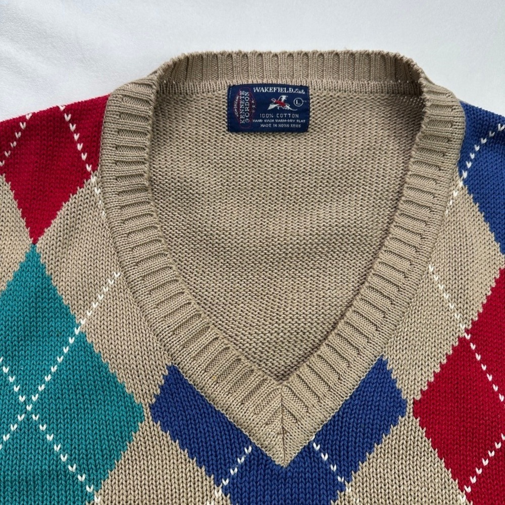 Wakefield Co Kenneth Gordon Mens L Argyle V Neck Sweater Vest Tan Brown Vintage - Picture 5 of 16